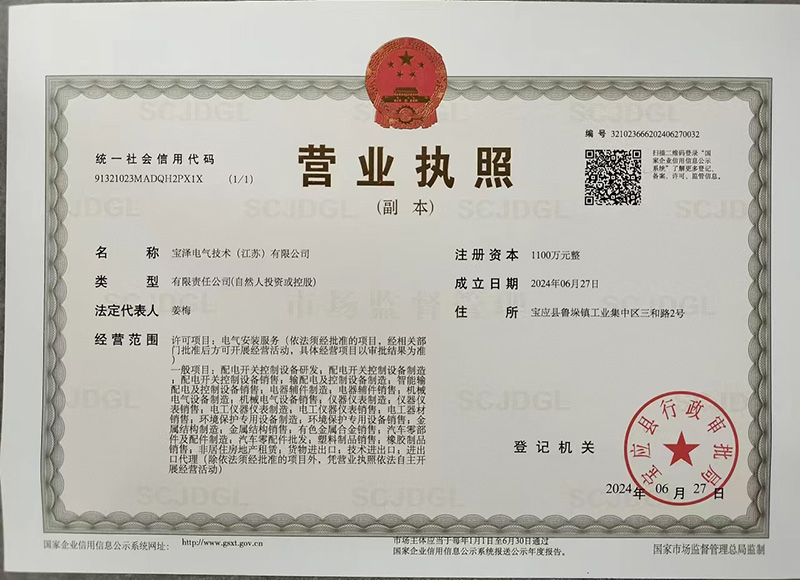 寶澤電氣技術（江蘇）有限公司營業執照