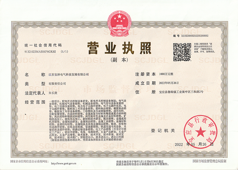 江蘇寶澤電氣科技發展有限公司營業執照