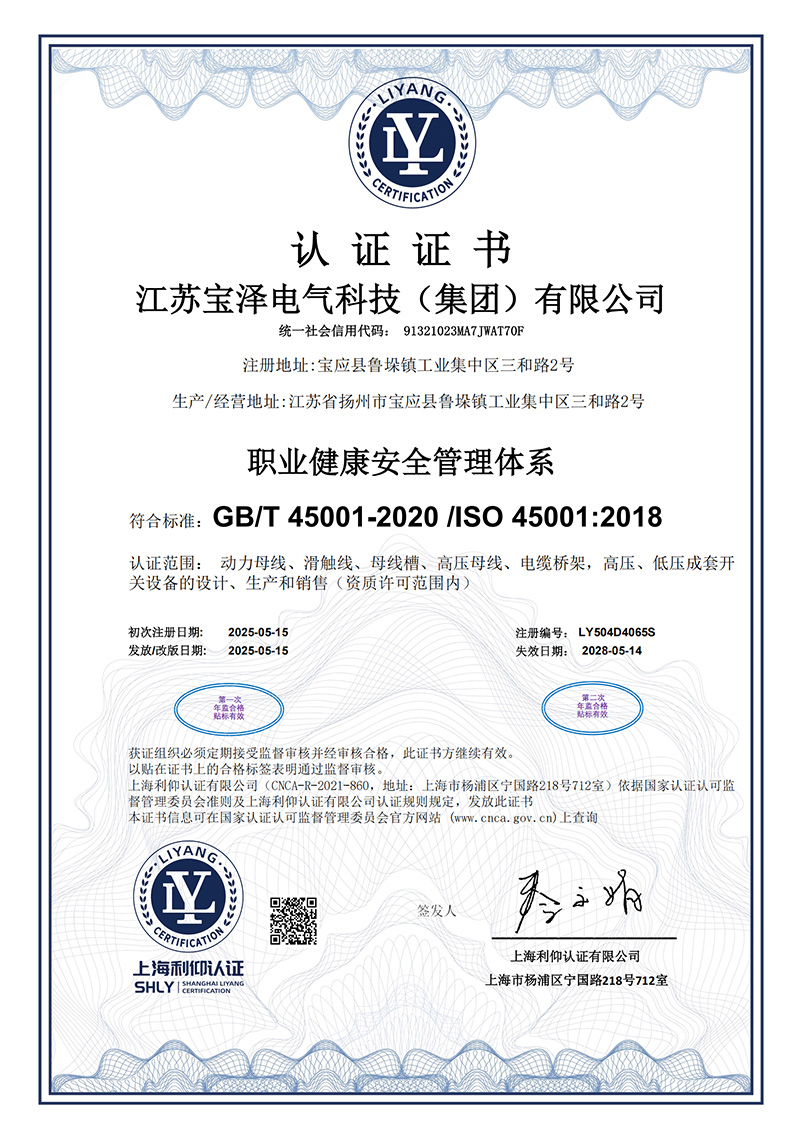 職業健康安全管理體系認證證書（中文版）